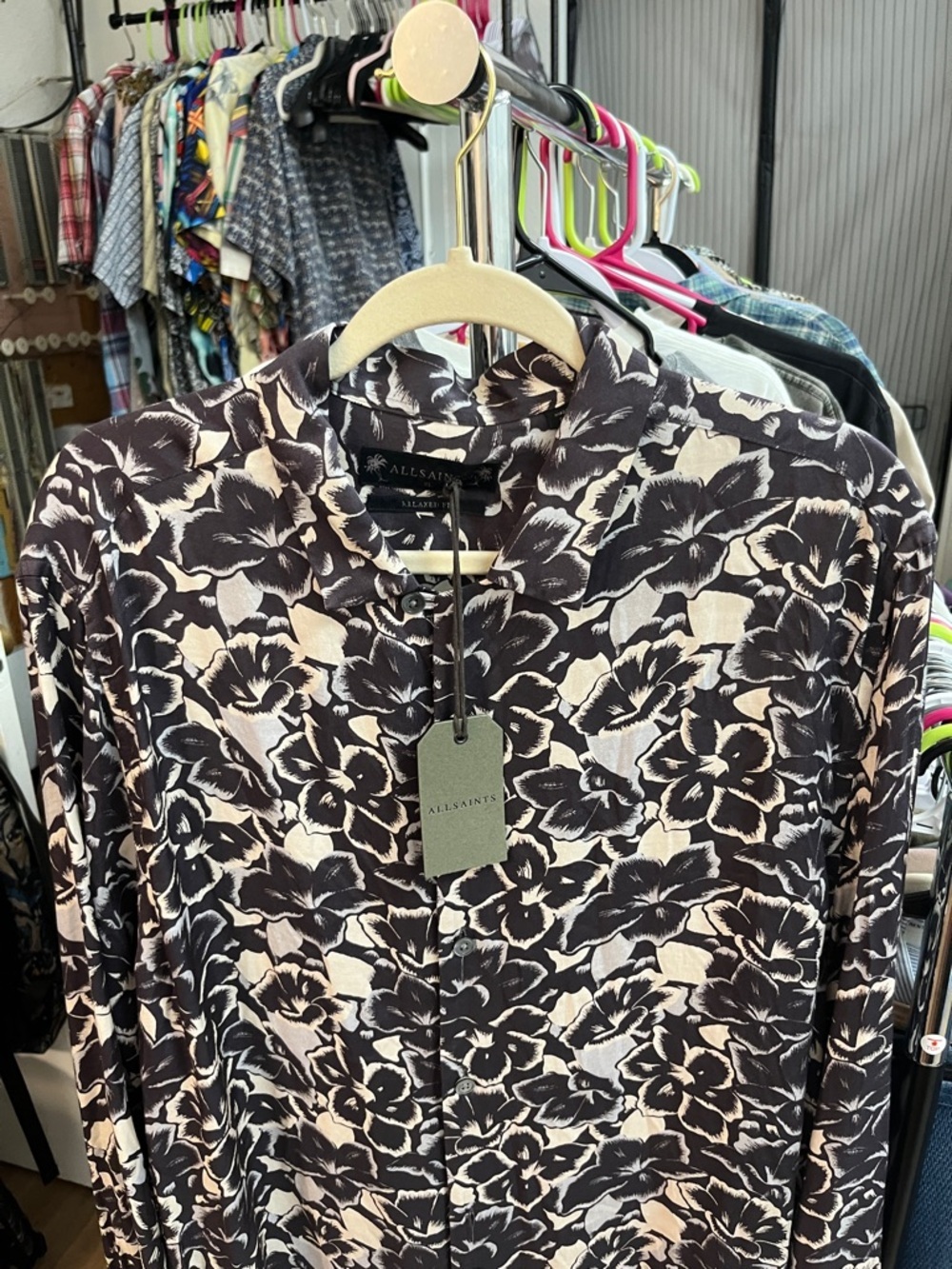 All Saints Tiergarten Men’s Floral Button-Down Shirt - Black & Cream - Picture 3 of 6